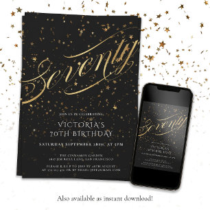 Black Gold Elegant Seventy 70th Birthday Party Invitation