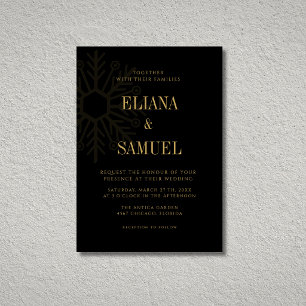 Black & Gold Elegant Snowflake Christmas Wedding Invitation