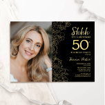 Black Gold Elegant Surprise Photo 50th Birthday Invitation<br><div class="desc">Floral black and gold surprise 50th birthday party invitation with your photo on the front of the card. Elegant modern design featuring botanical outline drawings accents and typography script font. Simple trendy invite card perfect for a stylish female bday celebration. Can be customised to any age. Printed Zazzle invitations or...</div>