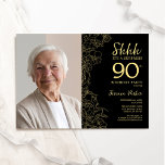 Black Gold Elegant Surprise Photo 90th Birthday Invitation<br><div class="desc">Floral black and gold surprise 90th birthday party invitation with your photo on the front of the card. Elegant modern design featuring botanical outline drawings accents and typography script font. Simple trendy invite card perfect for a stylish female bday celebration. Can be customised to any age. Printed Zazzle invitations or...</div>