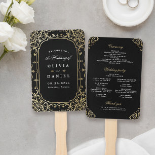 Black & gold elegant vintage wedding program hand fan