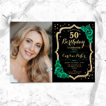 Black Gold Emerald Green Photo 50th Birthday Invitation<br><div class="desc">Elegant floral 50th birthday invitation with your photo. Glam black and green design with faux glitter gold. Features emerald green roses, script font and confetti. Perfect for a stylish adult bday celebration party. Personalise with your own details. Can be customised for any age! Printed Zazzle invitations or instant download digital...</div>