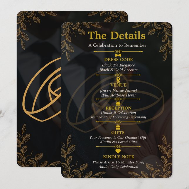 Black Gold Engagement Invitation Details Card (Front/Back)