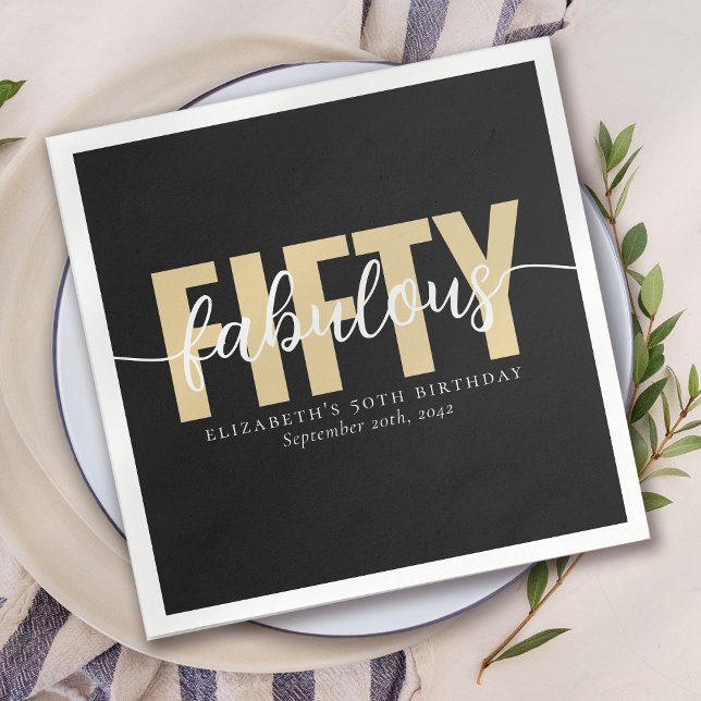 Black Gold Fabulous Fifty Birthday Party Napkin (Creator Uploaded)