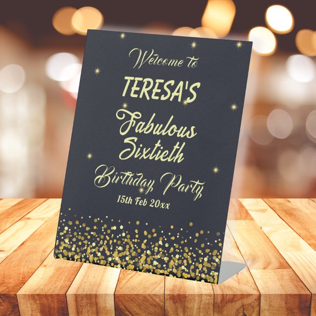 Black & gold fabulous sixtieth birthday welcome pedestal sign (Creator Uploaded)