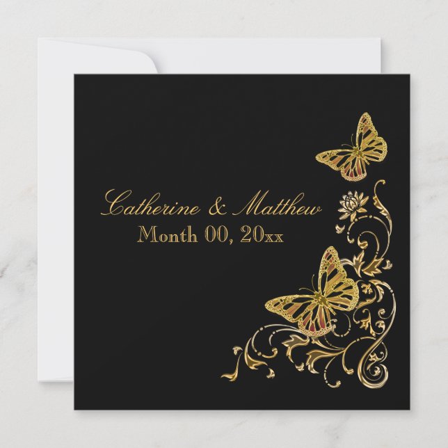 Black gold fall wedding butterfly theme invitation (Front)