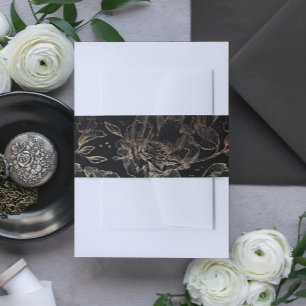 Black Gold Faux Elegant Hand Drawn Florals Wedding Invitation Belly Band