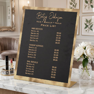 Black & Gold Faux Foil Beauty Salon Price List Pedestal Sign
