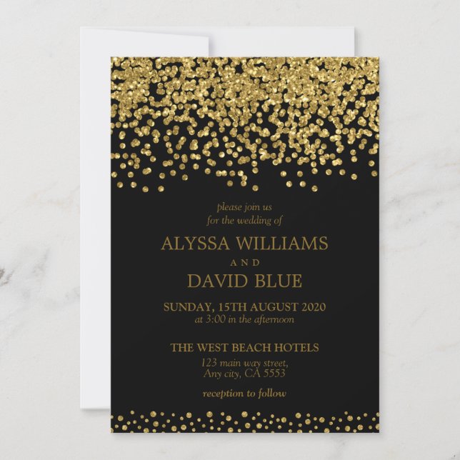 Black Gold Faux Foil Confetti Elegant Wedding Invitation (Front)