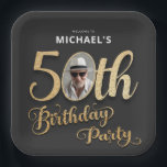 Black Gold Faux Foil Custom Photo 50th Birthday Paper Plate<br><div class="desc">Black Gold Faux Foil Custom Photo 50th Birthday Paper Plates. A perfect blend of modern sophistication and timeless elegance birthday party design with its sleek design and captivating faux foil accents in dazzling gold, this design sets the stage for a truly memorable celebration. The combination of sleek black and opulent...</div>