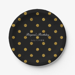Black & Gold Faux Foil Polka Dots Party Plates