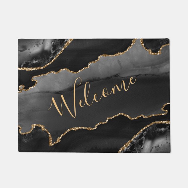 Black & Gold Faux Glitter Agate Doormat (Front)