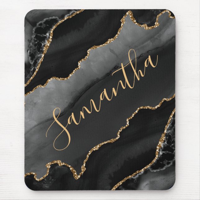 Black & Gold Faux Glitter Agate Mouse Pad (Front)