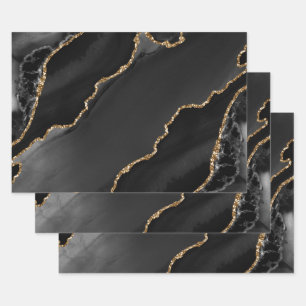 Black & Gold Faux Glitter Agate Wrapping Paper Sheet
