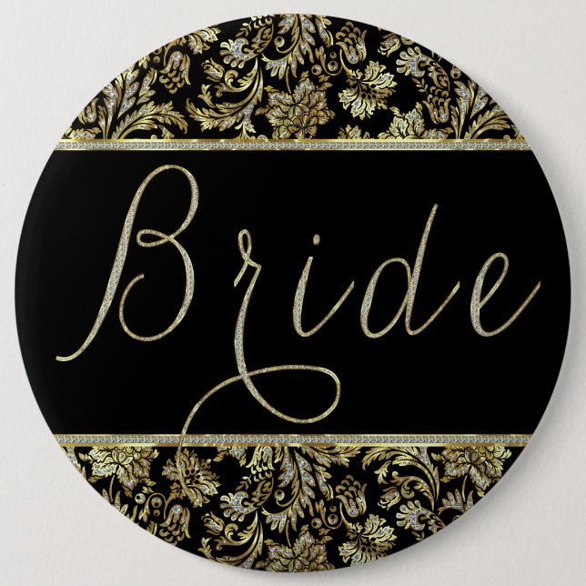 Black, Gold & Faux Glitter Damasks Bride Text 6 Cm Round Badge (Front)