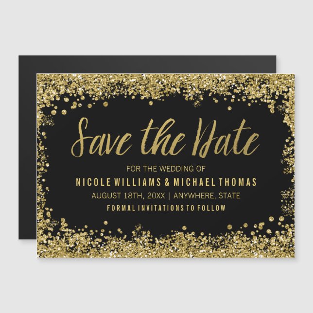 Black Gold Faux Glitter Save the Date Magnetic Invitation (Front/Back)