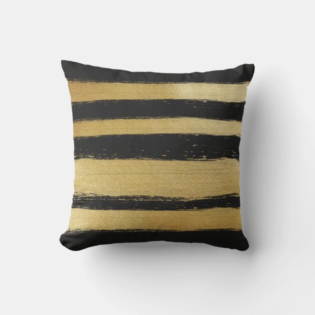 Black gold faux leaf modern brushstrokes stripes cushion (Front)