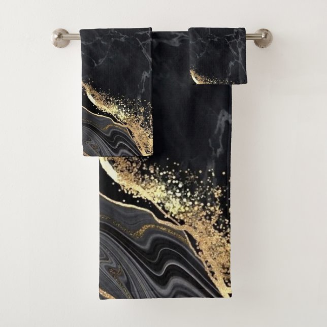 Black Gold Faux Marble Pretty Elegant Bath Towel Set (Insitu)