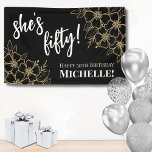 Black Gold Fifty 50th Birthday Banner<br><div class="desc">Fifty Black Gold 50th Birthday Party Banner: Make a statement at your event with this stylish 50th birthday banner. Featuring a sophisticated black background adorned with gold flowers, this banner combines classic serif fonts and script typography in white to create a chic look. The text can be personalised to highlight...</div>