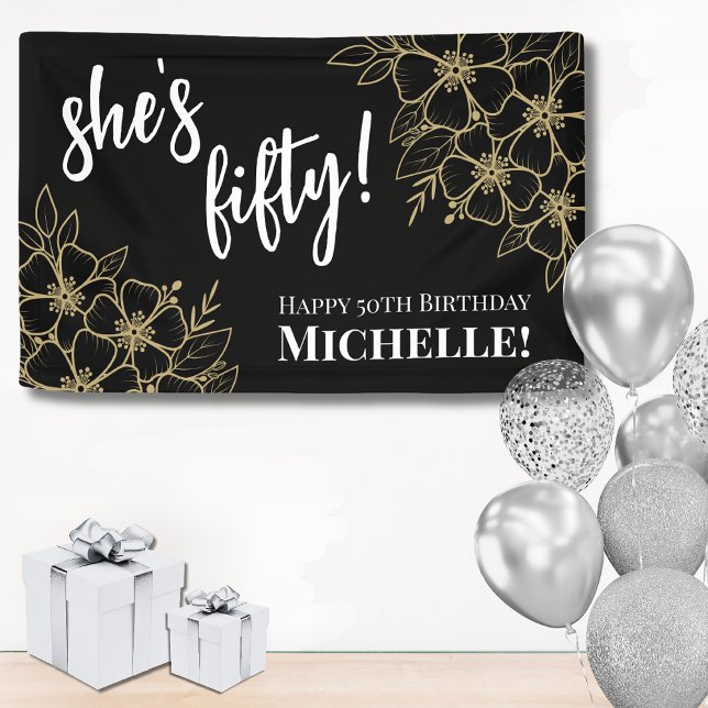 Black Gold Fifty 50th Birthday Banner (Fifty Black Gold 50th Birthday Party Banner)
