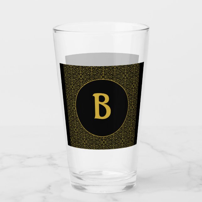 Black & Gold Filigree Monogram Personalised Glass (Front)