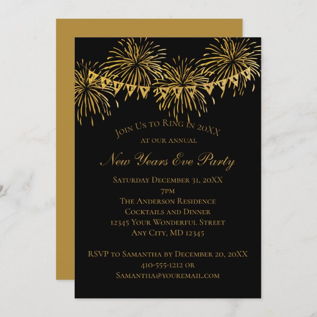 Black Gold Firework New Years Eve Party Invitation (Front/Back)