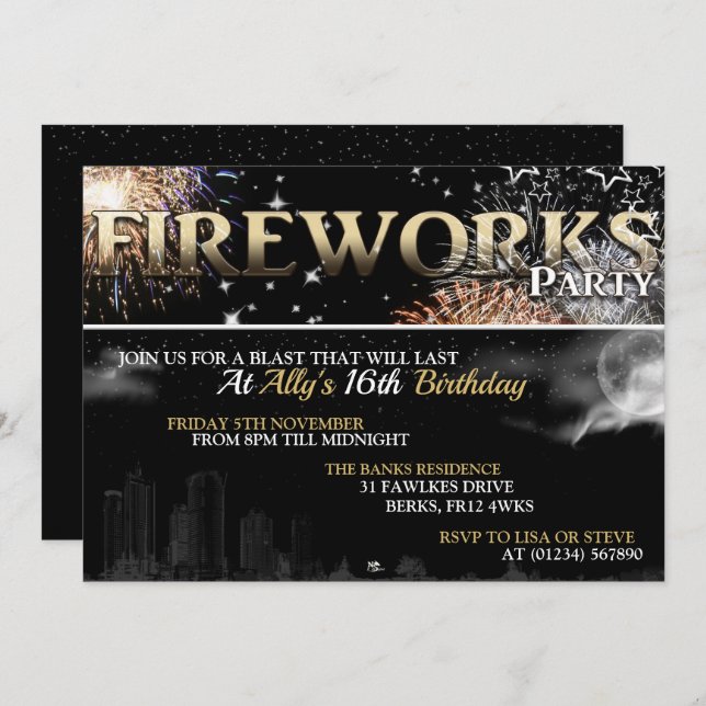 Black & Gold Fireworks Party Invitations (Front/Back)