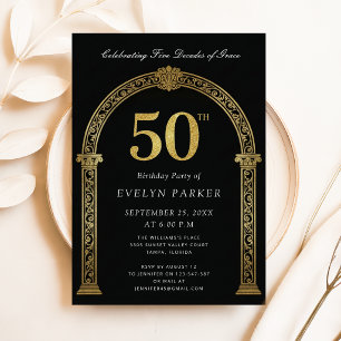 Black & Gold Five Decades of Grace 50th Birthday Invitation