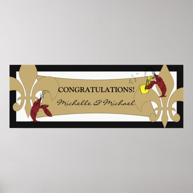 Black Gold Fleur de Lis Crawfish Party Banner Poster (Front)