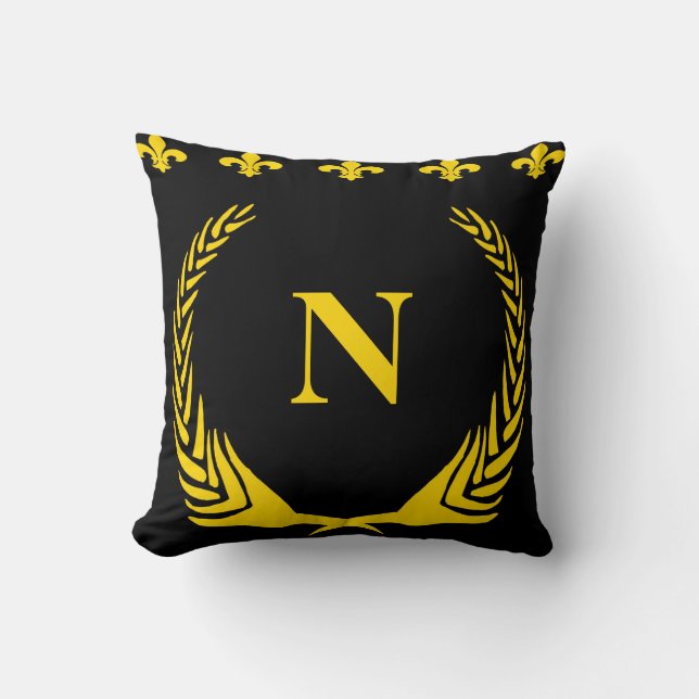 Black & Gold Fleur De Lis  Letters & Numbers Cushion (Front)