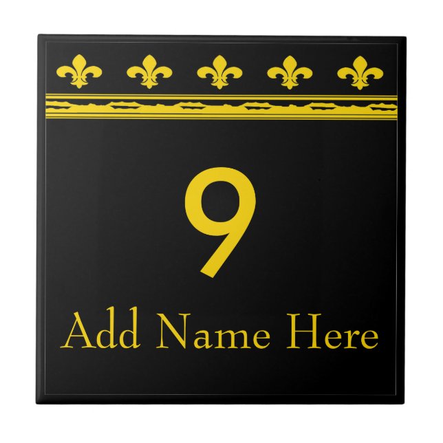 Black & Gold Fleur De Lis  Letters & Numbers Tile (Front)