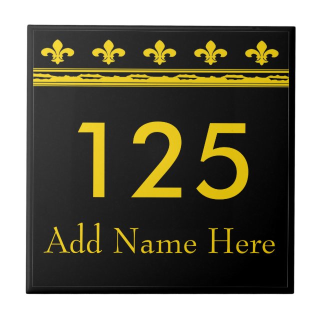Black & Gold Fleur De Lis  Letters & Numbers Tile (Front)