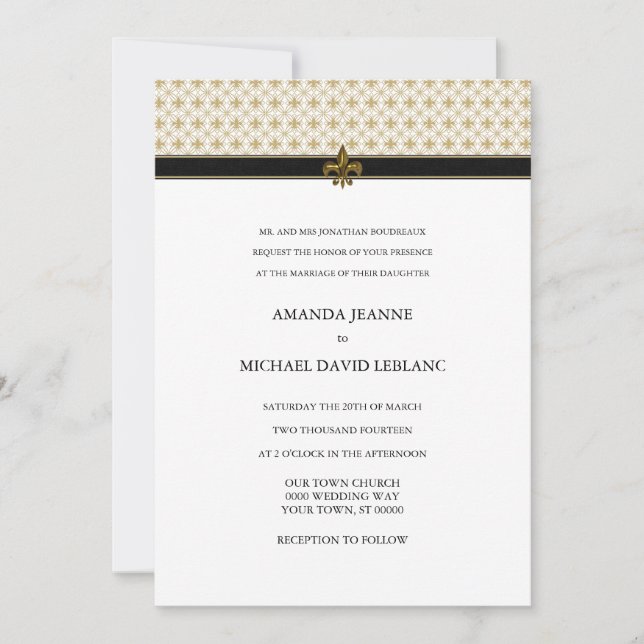 Black Gold Fleur de Lis Pattern Wedding Invitation (Front)