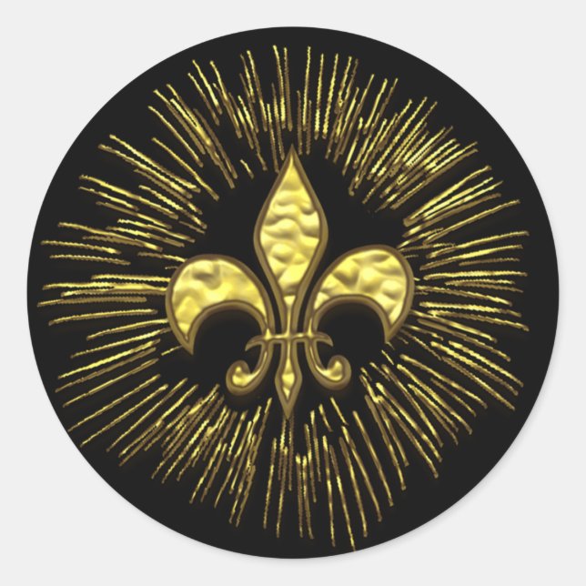 Black Gold Fleur de Lis with Sparks Classic Round Sticker (Front)