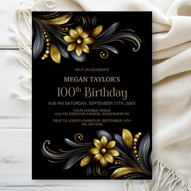 Black Gold Floral 100th Birthday Party Invitation (Creator Uploaded)