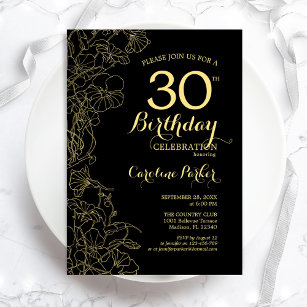 Black Gold Floral 30th Birthday Party Invitation