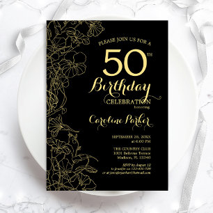 Black Gold Floral 50th Birthday Party Invitation