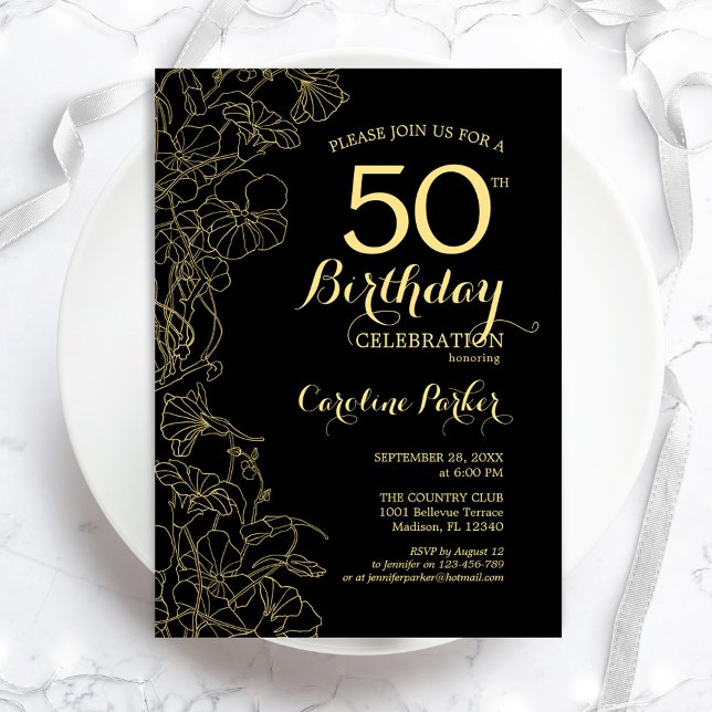 Black Gold Floral 50th Birthday Party Invitation (Creator Uploaded)