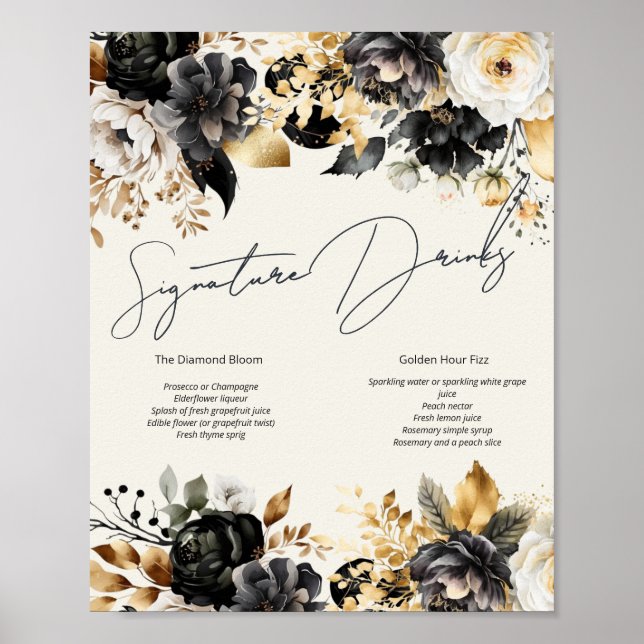 Black Gold Floral 60th Birthday Drinks Poster (Front)