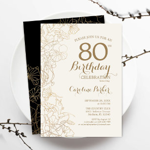 Black Gold Floral 80th Birthday Party Invitation