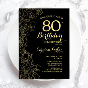 Black Gold Floral 80th Birthday Party Invitation