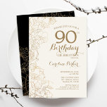 Black Gold Floral 90th Birthday Party Invitation<br><div class="desc">Black Gold Floral 90th Birthday Party Invitation. Minimalist modern design featuring botanical outline drawings accents and typography script font. Simple trendy invite card perfect for a stylish female bday celebration. Can be customized to any age. Printed Zazzle invitations or instant download digital printable template.</div>