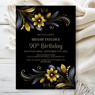 Black Gold Floral 90th Birthday Party Invitation