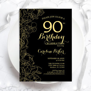 Black Gold Floral 90th Birthday Party Invitation