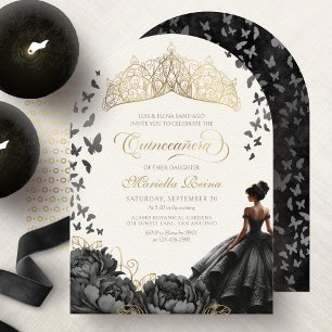 Black Gold Floral Butterflies Crown Quinceanera Invitation