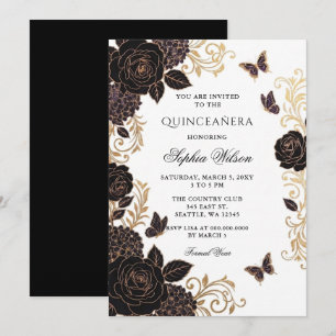 Black Gold Floral Butterfly Quinceañera Invitation