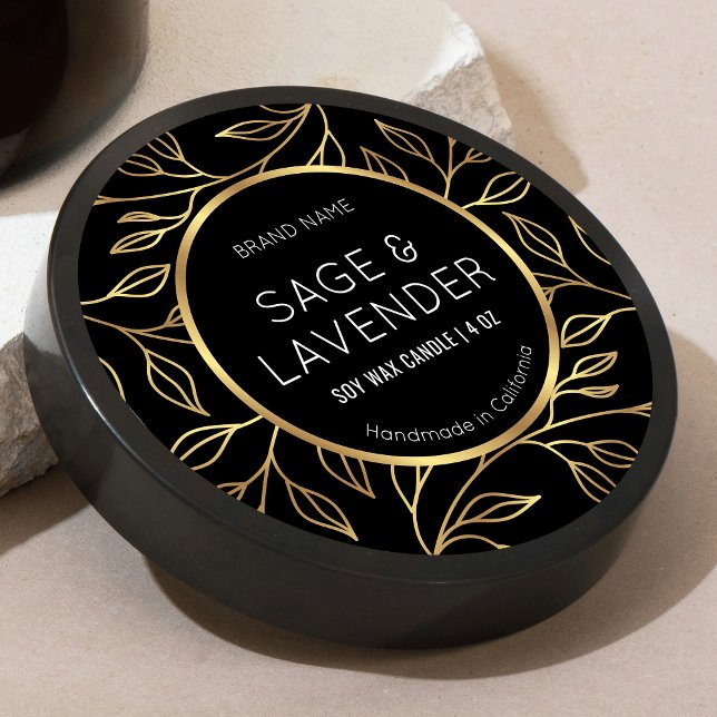 Black & Gold Floral Candle Jar Round Product Label (Elegant black and faux gold round product label with floral background)