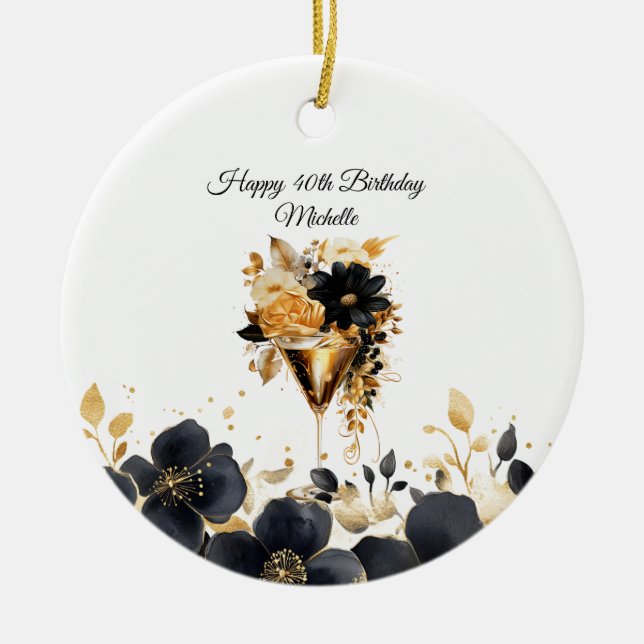 Black Gold Floral Cocktail Drinks 40th Birthday Ceramic Tree Decoration (Front)