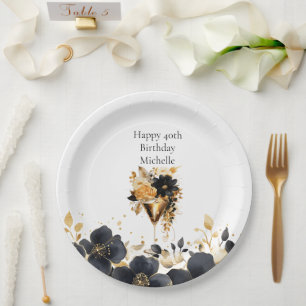 Black Gold Floral Cocktail Drinks 40th Birthday Paper Plate