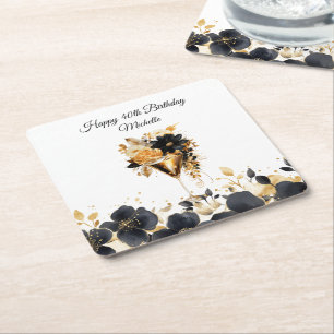 Black Gold Floral Cocktail Drinks 40th Birthday Square Paper Coaster